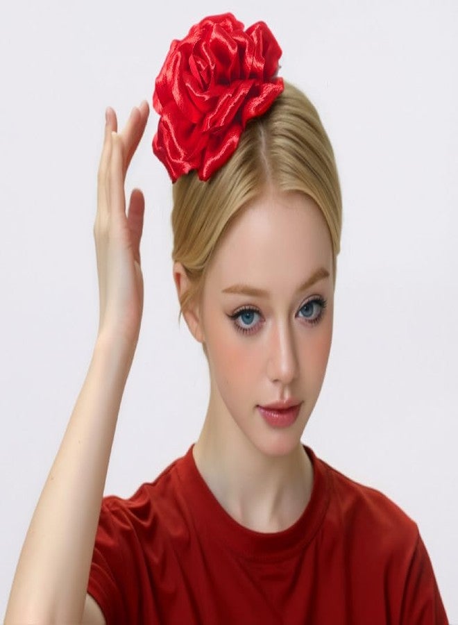 Backgarden Satin 6" Large Red Flower Hair Clip Pin Brooch for Flamenco Spanish Bull Mexican Dance Performance Music Party Photography (Red) - Image 4